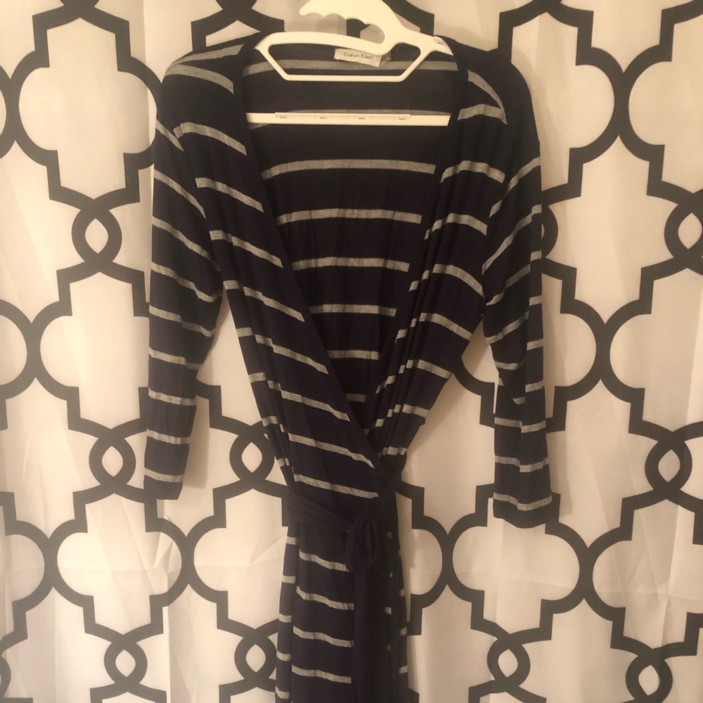 Calvin Klein Faux Wrap Dress - Navy & Grey Stripes